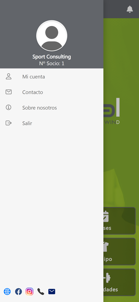 MISTRAL YOU WIND - Menú lateral de la aplicación móvil MISTRAL YOU WIND mostrando el perfil de la cuenta y las opciones de contacto.
