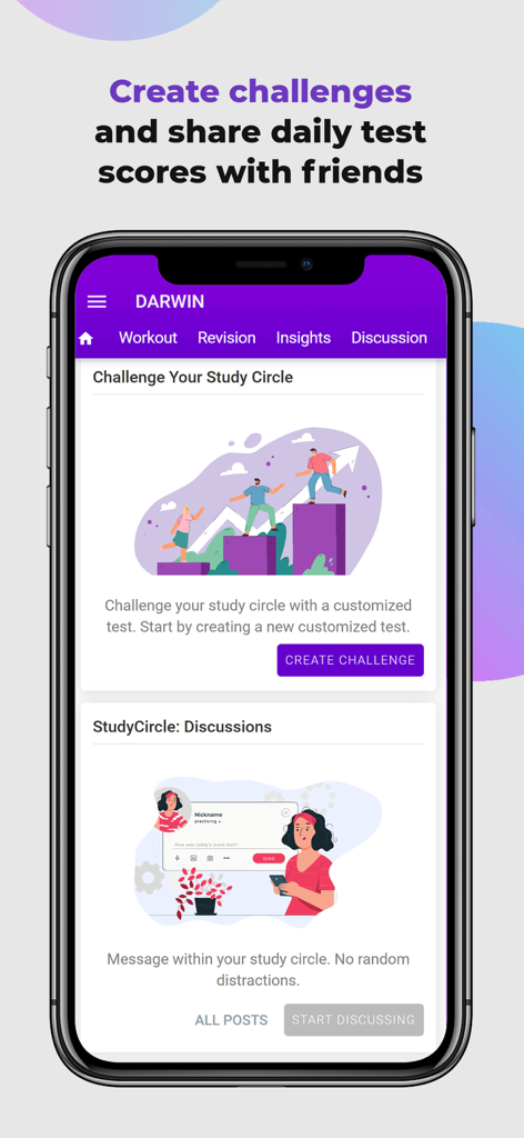 Darwin NEET Prep app screen showing study circle challenges and discussion forum features