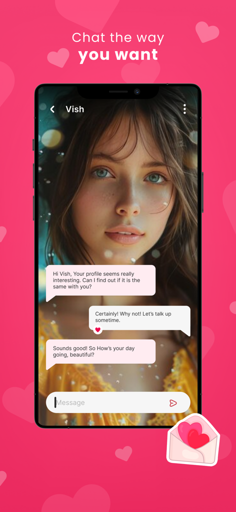 AI Dating: Character AI - Interface de chat do aplicativo AI Dating mostrando uma conversa com um personagem de IA chamado Vish em um fundo rosa com corações