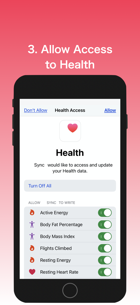 Pantalla de permisos de acceso de Salud de iOS que muestra categorías de datos como Energía Activa y Frecuencia Cardíaca en Reposo para la sincronización