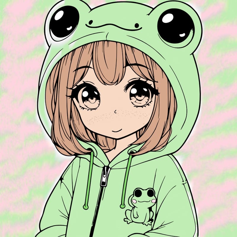 cute realistic girl in a froggy hoodie