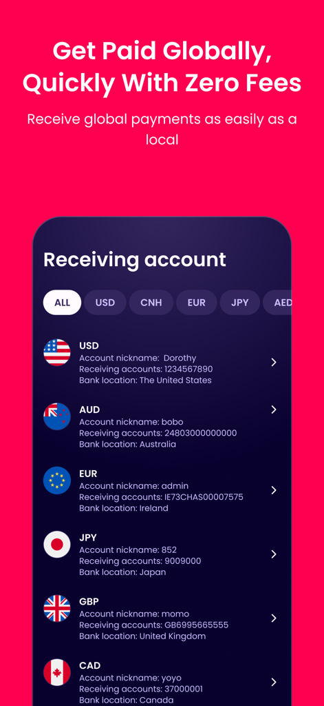 WorldFirst - WorldFirstアプリのインターフェース。グローバルビジネス向けのUSD、AUD、EURなどの国際受取口座のリストが表示されています。