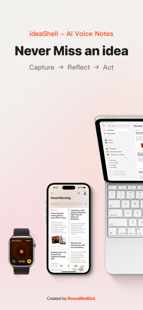 ideaShell AI Voice Notes app interface shown on Apple Watch, iPhone, and iPad with a keyboard