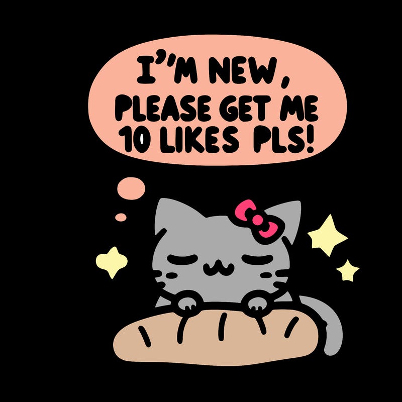 kitty taking a nap dream talking and saying "i'm new, please get me at least 10 likes pls!!"