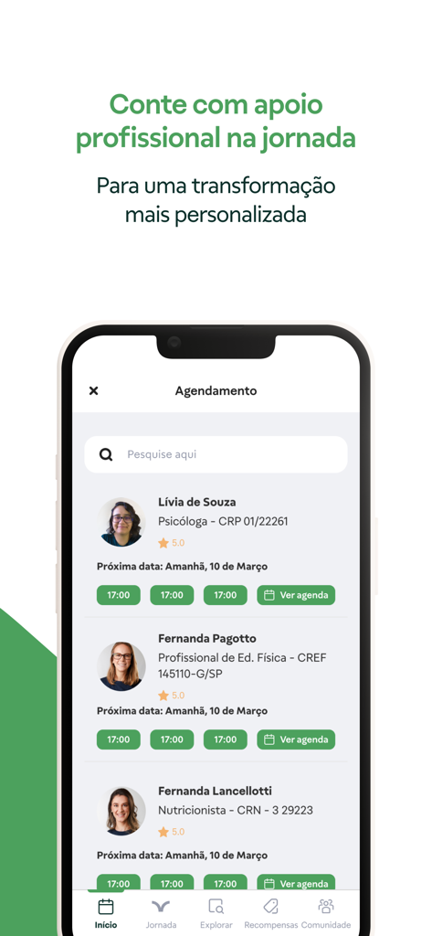 Screenshot of the Vitat app scheduling interface showing various health professionals including a psychologist and nutritionist with available appointment times