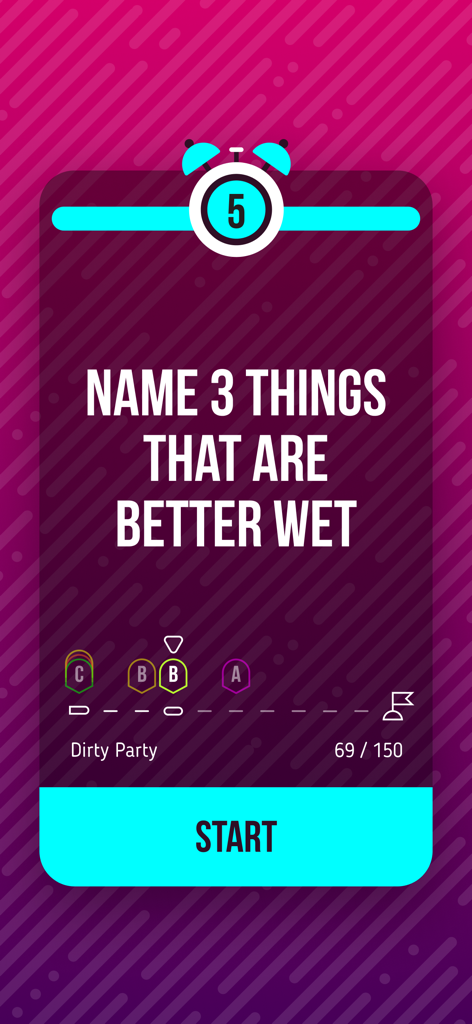 5 Second Rule mobile app interface showing a dirty party game prompt and a five second countdown timer