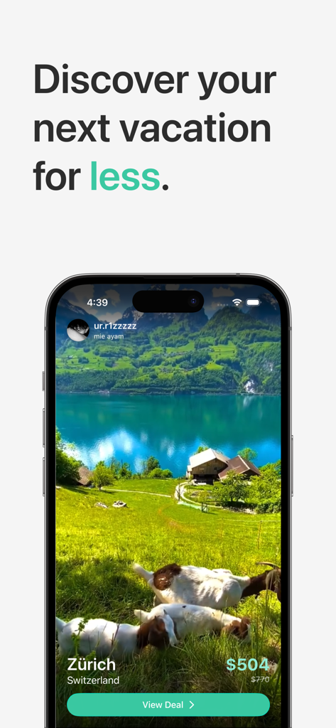 Vaya app interface showing a flight deal for Zurich Switzerland over a scenic travel video