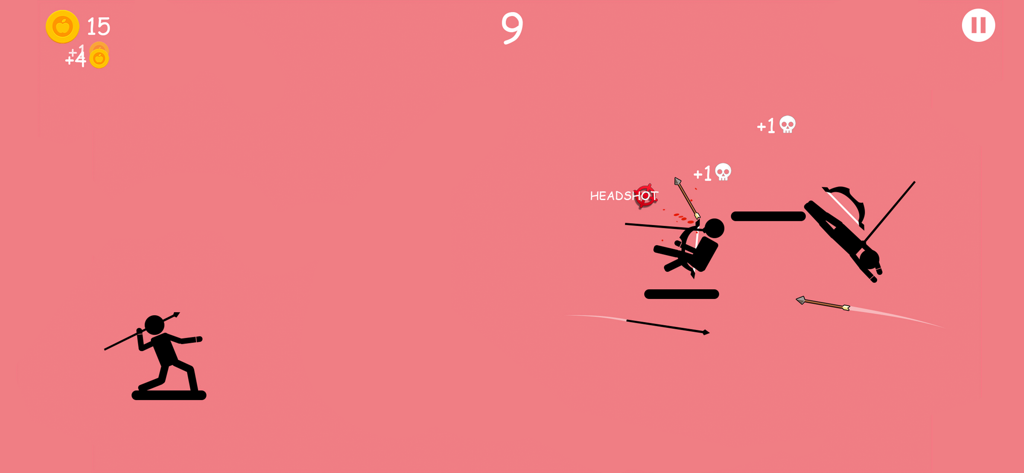 Stickman character throwing a spear at enemies with a headshot indicator in The Spearman game.