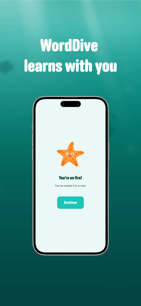 WordDive: Learn a new language - A smartphone screen showing the WordDive app with a starfish character and a message celebrating learning progress.
