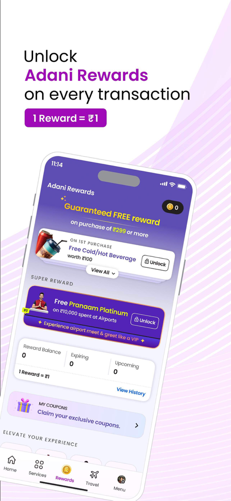 Adani OneApp: For Smart Travel - ロイヤルティポイントと限定オファーを表示する特典ダッシュボードを示すAdani OneAppモバイル画面