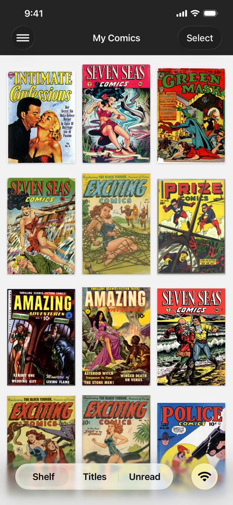 A grid view of a digital comic book collection in the iComics app showing vintage comic covers on a shelf.