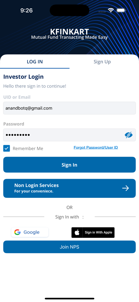 Anmeldebildschirm für die KFinKart-Investmentfonds-App mit Optionen für die E-Mail-Anmeldung und die Anmeldung über soziale Netzwerke wie Google oder Apple