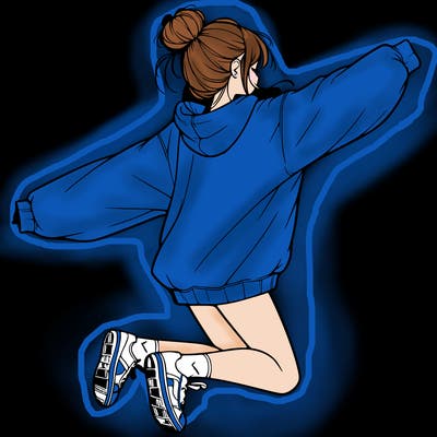 realistic girl jumping with a bun and oversized sweatshirt
