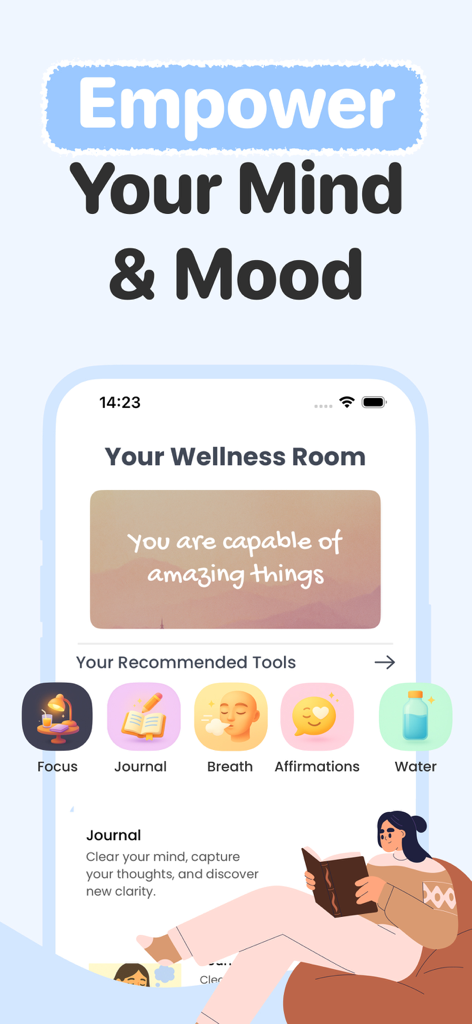 Interfaz de la app EvolveMe ADHD Organizer con una Sala de Bienestar con herramientas de diario y meditación