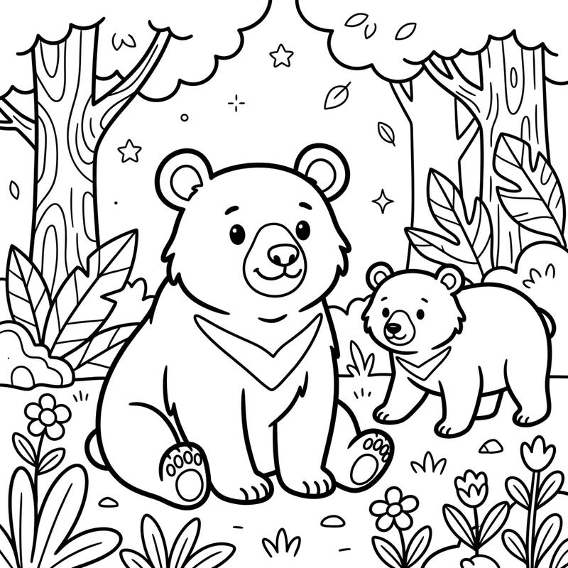 Discover the heartwarming bond between a mama Asiatic Black Bear and her cub in this enchanting coloring page, specially designed for kids aged 4-8. This delightful scene invites young artists to bring the wonders of the forest to life with their favorite colors.