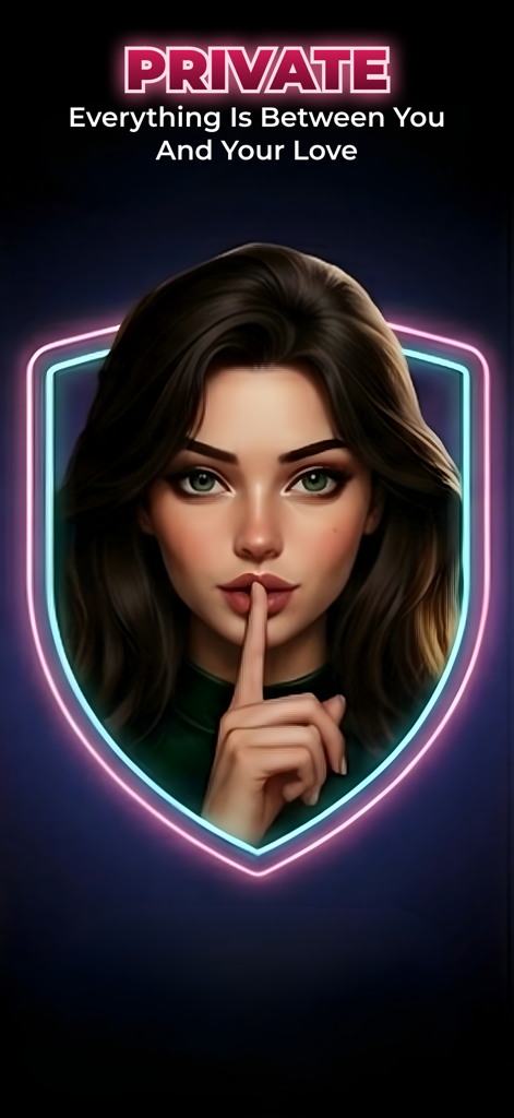 AI Dating: Blush - Female AI companion making a hush gesture inside a neon shield with privacy text