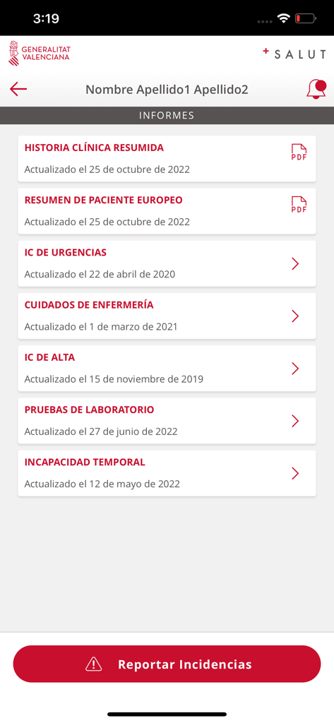 List of medical reports in the GVA +Salut app showing options for clinical history lab tests and discharge summaries