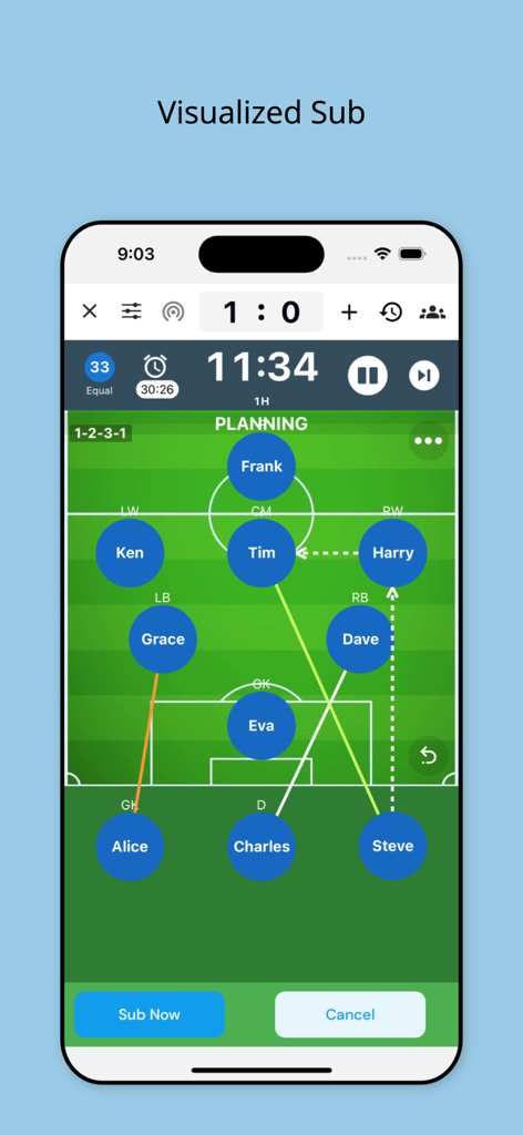 SubTime mobile app interface showing a soccer field with player names and arrows for planning substitutions