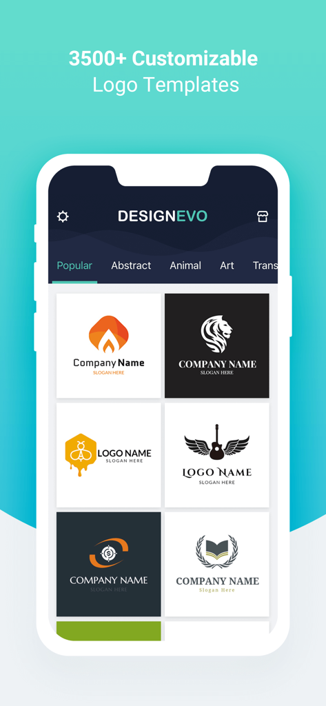 DesignEvo mobile app interface displaying a selection of customizable logo templates in various categories like abstract and animal.