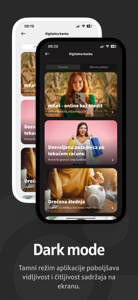 OTP m-bank mobile app interface displaying the dark mode feature for improved visibility
