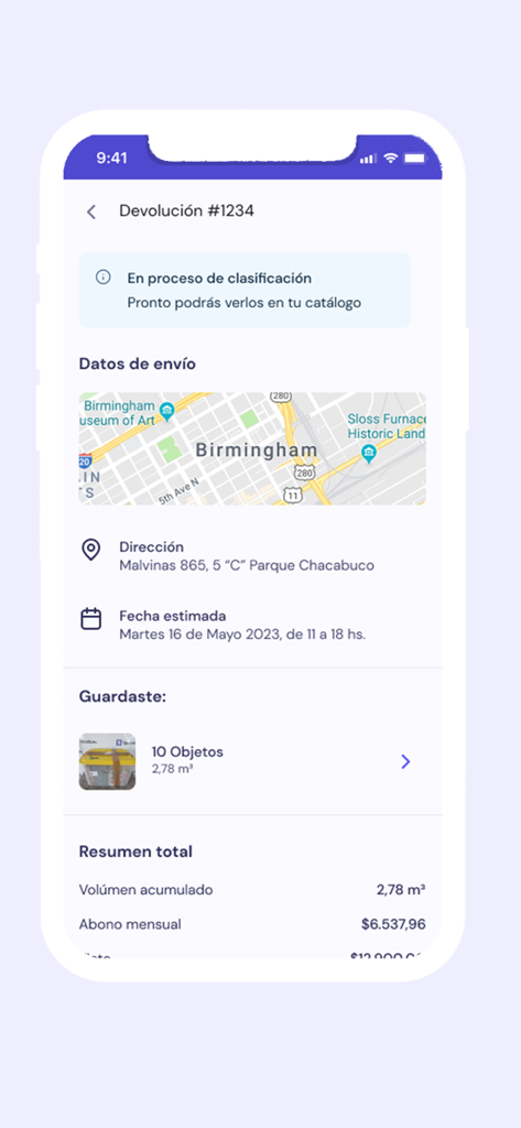SpaceGuru - SpaceGuru app screen displaying return request details with a map and storage summary