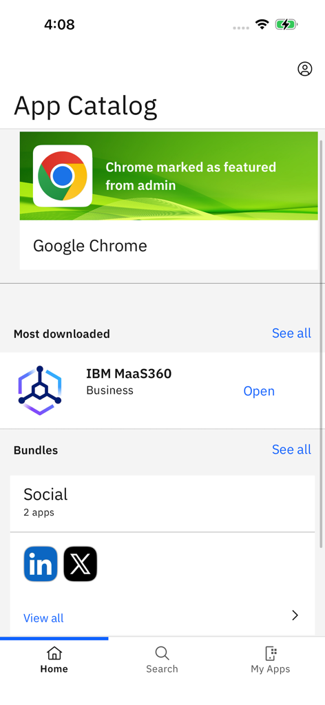 IBM MaaS360 App Catalog - The home interface of the IBM MaaS360 App Catalog displaying featured business apps and bundles