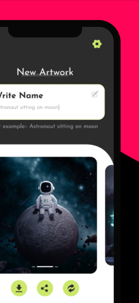 Ai Studio - Art AI - Interface of the Ai Studio app showing an AI-generated image of an astronaut sitting on the moon based on a text prompt.
