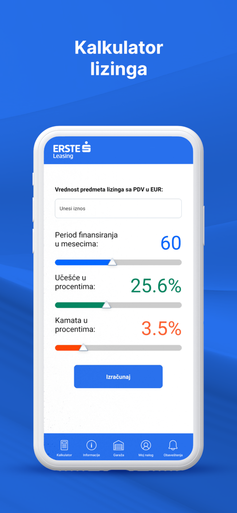 Erste Leasing Srbija - Erste Leasing Srbija app leasing calculator screen showing financing options