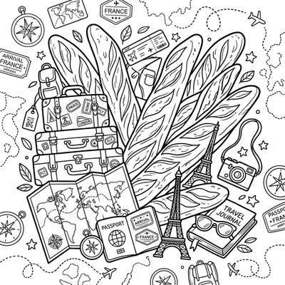 Get ready for an exciting journey across Europe and beyond with this delightful coloring page featuring iconic French baguettes and charming travel essentials. This intricate design invites colorists to envision their next big vacation, packed with delicious food and global exploration.