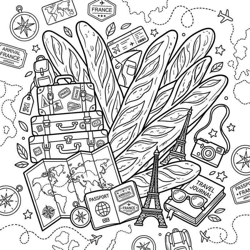 Get ready for an exciting journey across Europe and beyond with this delightful coloring page featuring iconic French baguettes and charming travel essentials. This intricate design invites colorists to envision their next big vacation, packed with delicious food and global exploration.