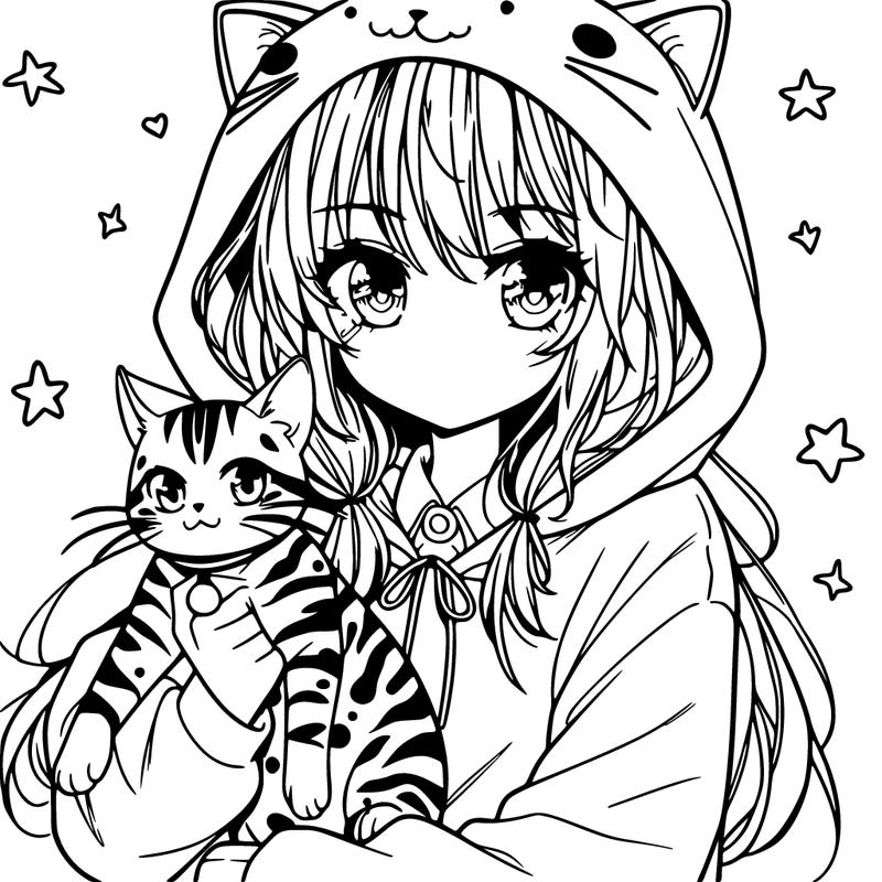 anime girl holding a bengal cat wearing a cat hoodie