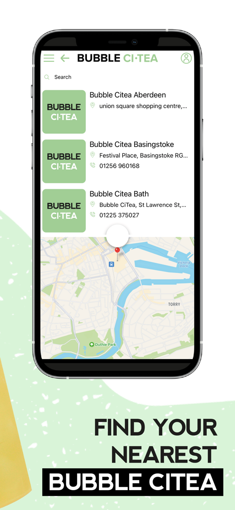 Bubble CiTea - Interface de l'application mobile Bubble CiTea montrant un localisateur de magasin avec une liste d'emplacements de boutiques et une carte