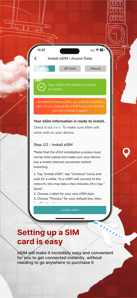 eSIM Travel & Internet Global - Écran de smartphone montrant un guide étape par étape pour installer une eSIM de voyage