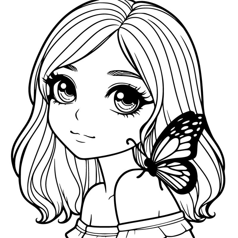 realistic girl with butterfly on shoulder