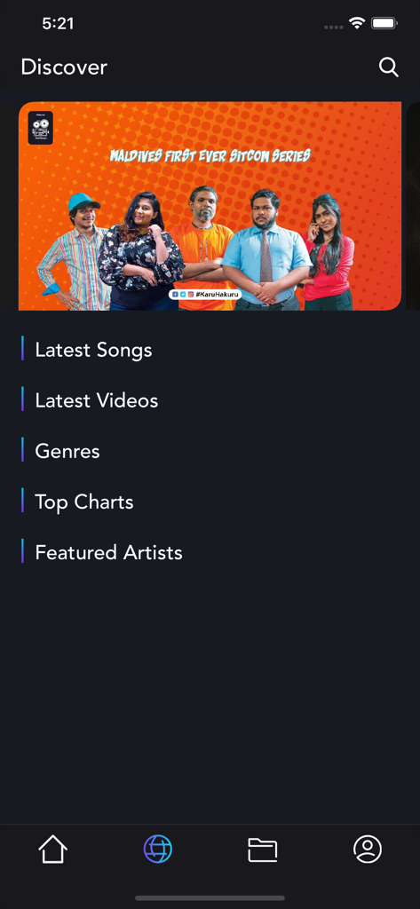 Baiskoafu app discover screen featuring a Maldivian sitcom banner and content categories like songs and videos