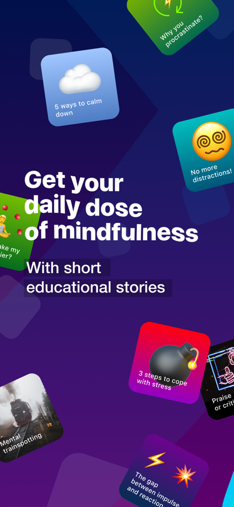 Practico app screen displaying colorful educational story cards for daily mindfulness and stress management