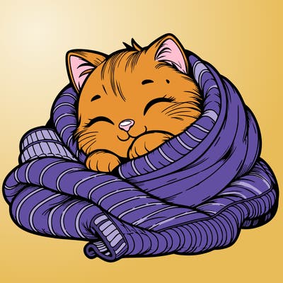 realistic cozy cat in a blanket