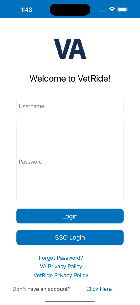 VetRide Passenger - VetRide Passenger app login screen featuring the VA logo and login fields