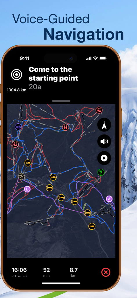 Obertauern - A screenshot of the Obertauern app on an iPhone displaying voice-guided navigation on an interactive ski trail map with points of interest.