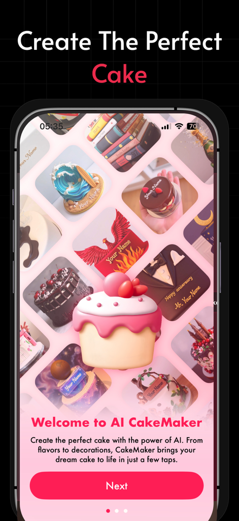 AI CakeMaker - Name on Cake - AI CakeMaker welcome screen featuring a gallery of custom AI cakes