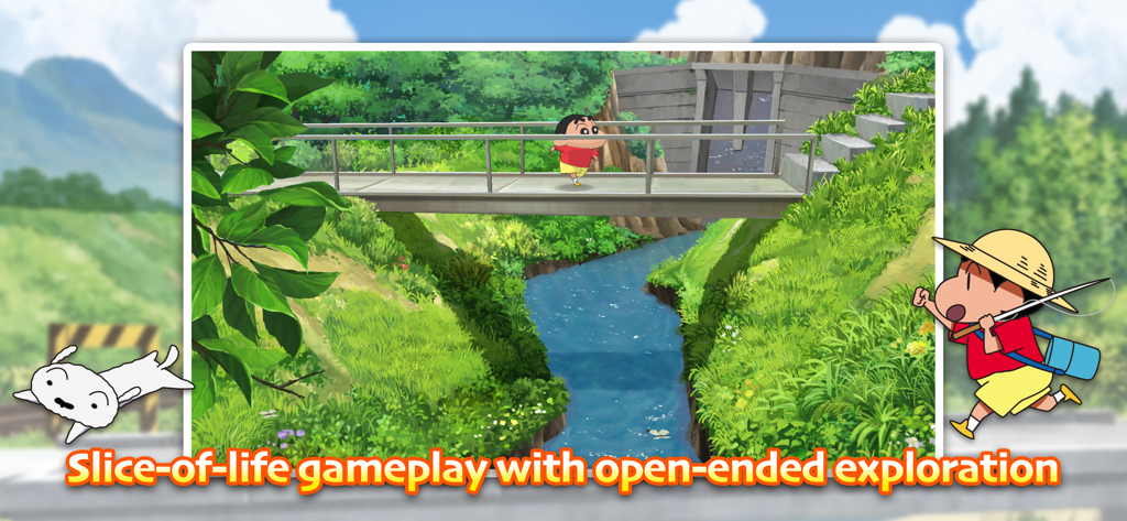 Shin chan: Summer Vacation - Shin chan walking across a bridge in a lush rural Japanese landscape with slice of life gameplay text
