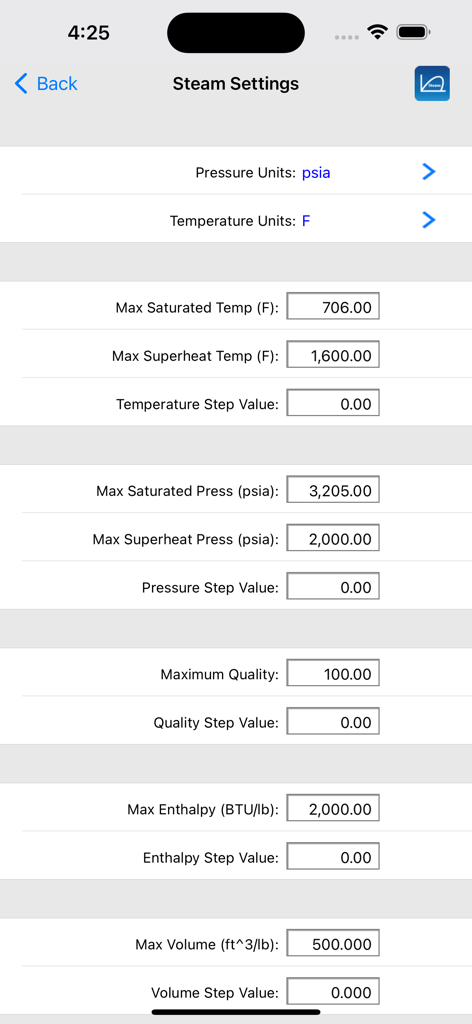 Steam Tables app settings screen showing configuration options for pressure and temperature units and calculation limits.