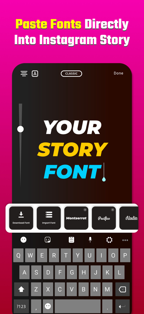 Interfaccia dell'app Storyfont che mostra la selezione di font personalizzati e l'editing del testo per le storie di Instagram