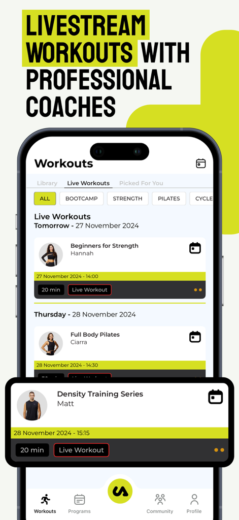 Urban Active+ app interface showing live workout schedule with professional instructors