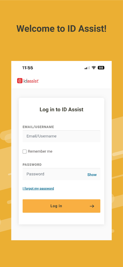 Login screen for the ID Assist Mobile app with email and password input fields