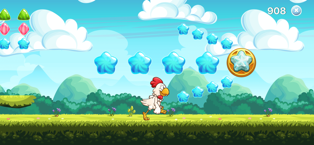 Gameplay von Funny Chicken zeigt einen Cartoon-Vogel, der in einer bunten Landschaft mit schwebenden Stern-Edelsteinen läuft und diese sammelt