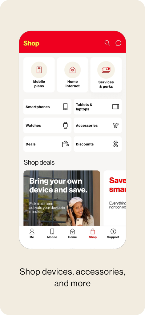 The Shop section of the My Verizon app featuring categories for mobile plans, home internet, and smartphones