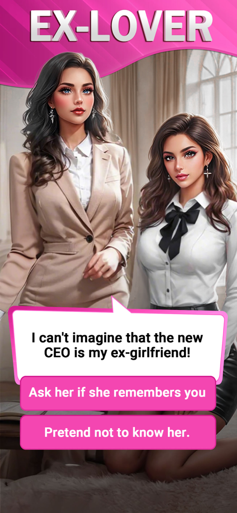 Scripts: Episode & Choices - Pantalla de juego de ficción interactiva que muestra un diálogo sobre una exnovia CEO con dos opciones de elección para el jugador