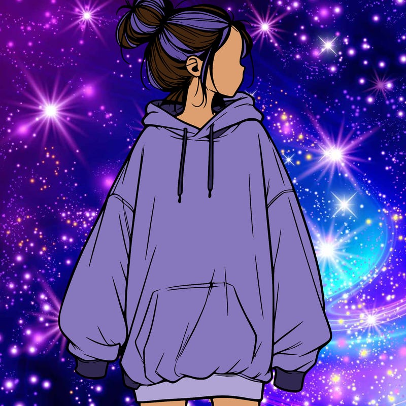 realistic girl with a oversized sweatshirt on and a bun