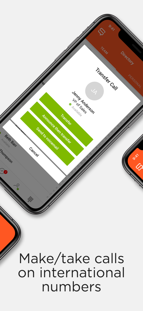 Spoke Phone - Interface do aplicativo Spoke Phone exibindo opções de transferência de chamada, incluindo anunciar antes de transferir e enviar para o correio de voz.